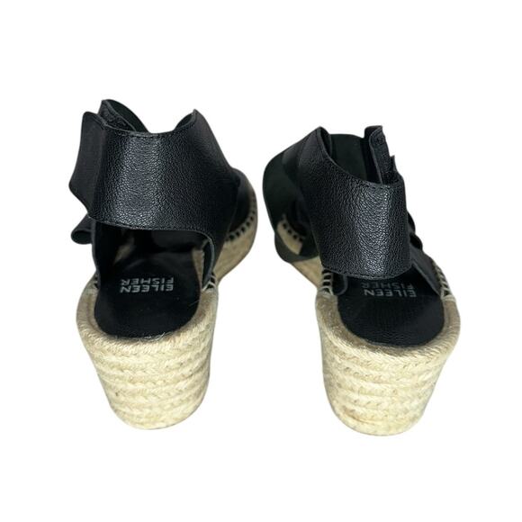 Eileen Fisher Willow Tumbled Black Grained Leather Strap Raffia Wedge Size 7.5 - Picture 7 of 10